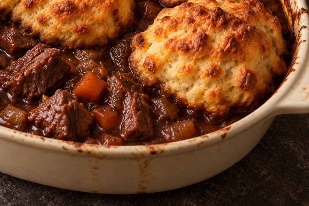 Slow-braised beef and carrots in rich gravy beneath whole golden Cheddar and horseradish scones.