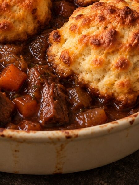 Slow-braised beef and carrots in rich gravy beneath whole golden Cheddar and horseradish scones.