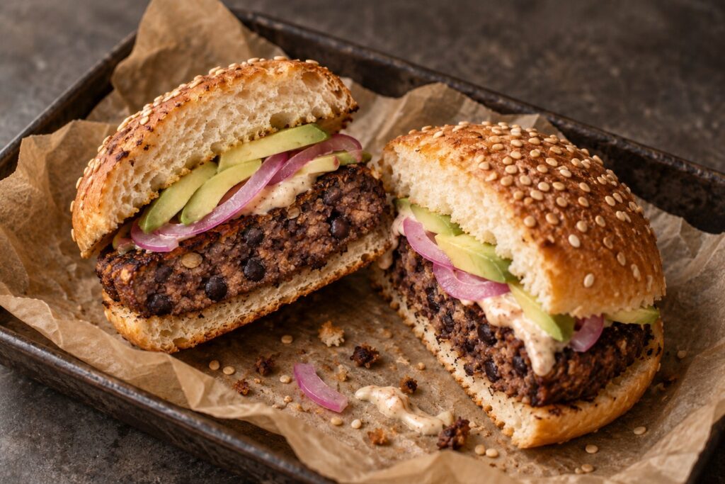 A homemade smoky bean burger cut in half, with avocado, pickled red onion and lime mayonnaise in a sesame bun.