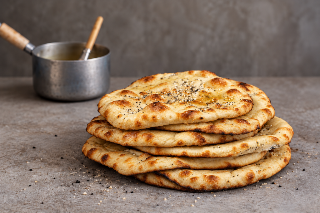 A stack of handmade naan breads with nigella seeds and golden-brown toasted blisters on a grey kitchen counter.
