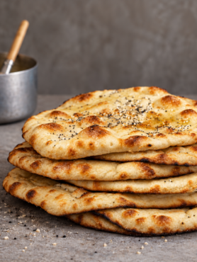 A stack of handmade naan breads with nigella seeds and golden-brown toasted blisters on a grey kitchen counter.